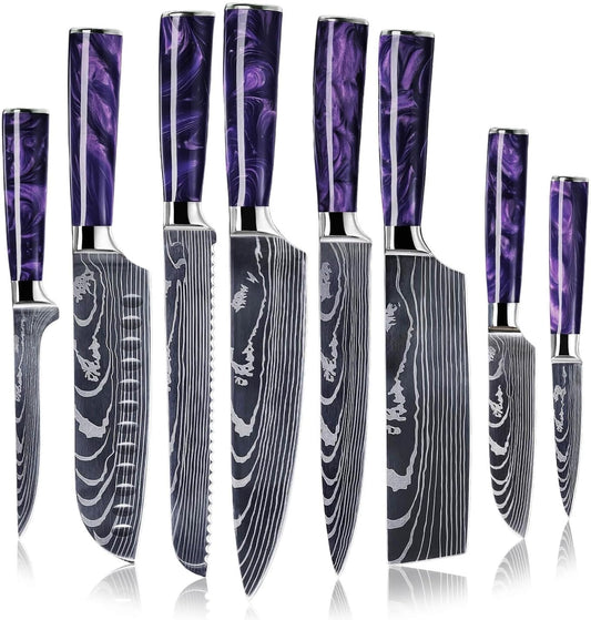 SENKEN 8-Piece Japanese Knife Set - Blue Resin Handle, Laser Damascus Blades - Chef's, Santoku, Bread & Paring Knives
