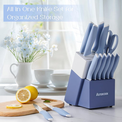 Astercook Knife Set, Kitchen Knives Set with Block and Sharpener 15 Pcs German Stainless Steel Knives Sharp Blade Dishwasher Safe Deba Knives with Ergonomic Handle, Crystal Pink