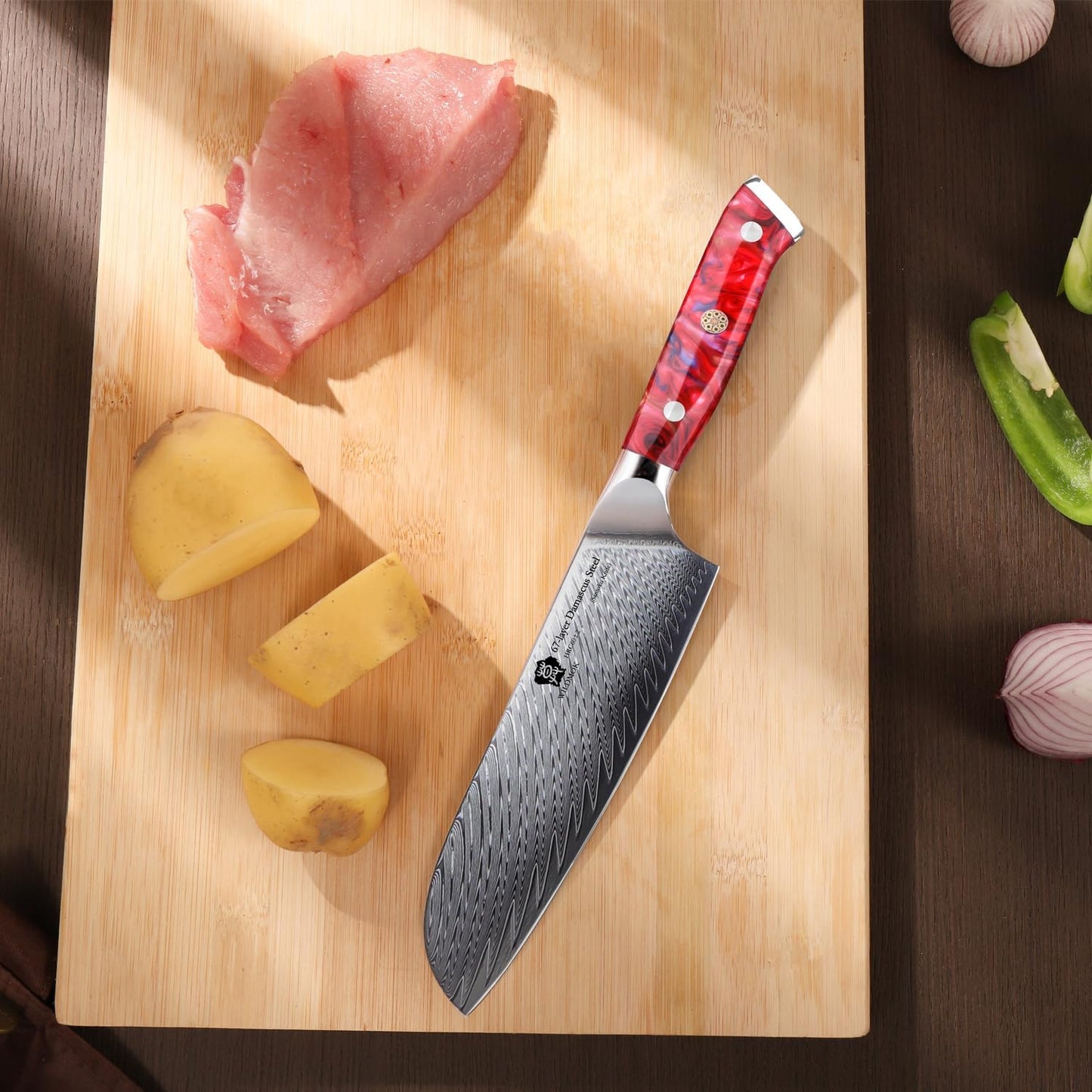 WILDMOK Santoku Knife 7 Inch kitchen knife, Ultra Sharp with Japanese Damascus Forged Santoku Knife, Ergonomic Resin Handle, cooking gifts with gift box