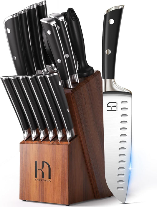 KnifeSaga Knife Set with Block, Japanese 15 PCS Ultra Sharp Ktichen Knives Set, High Carbon Stainless Steel Knife Block Set with Sharpener, Professional Knives with Ergonomic Handle for Home Chefs