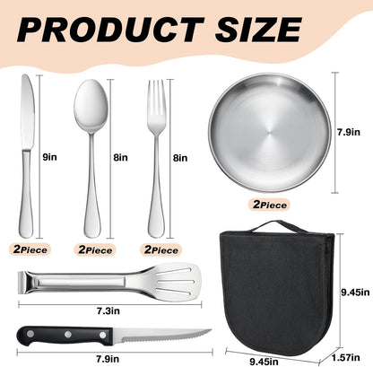 Outdoor Camping and Picnic Tableware Set, Stainless Steel Knives, Forks, Spoons, Plates, Food Tongs, Portable Tableware Set with Storage Bag