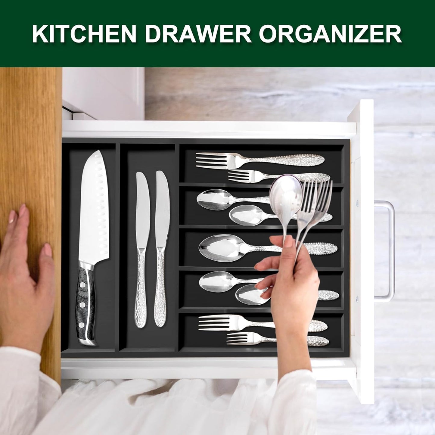 Bellsal Natural Utensil Organizer 12.5 Inch Silverware Organizer for Drawer Utensil Holder Cutlery Organizer Kitchen Drawer Organizer 7 Compartment Small Narrow Bamboo