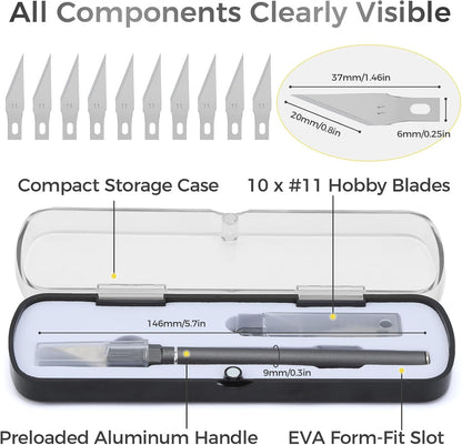 Exacto Knife Set, 12 Pcs Precision Craft Knife Kit with Aluminum Handle (Preloaded Blade), 10 Sharp #11 Hobby Knife Blades, Storage Case – for Paper, Foam, Plastic, Leather, Wood
