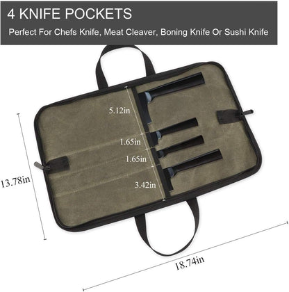 Ruibo Chef's Knife Roll Bag, Waxed Canvas Knife Carrying Case With Durable Handles, Portable Knife Roll Case For Working,4 Slots