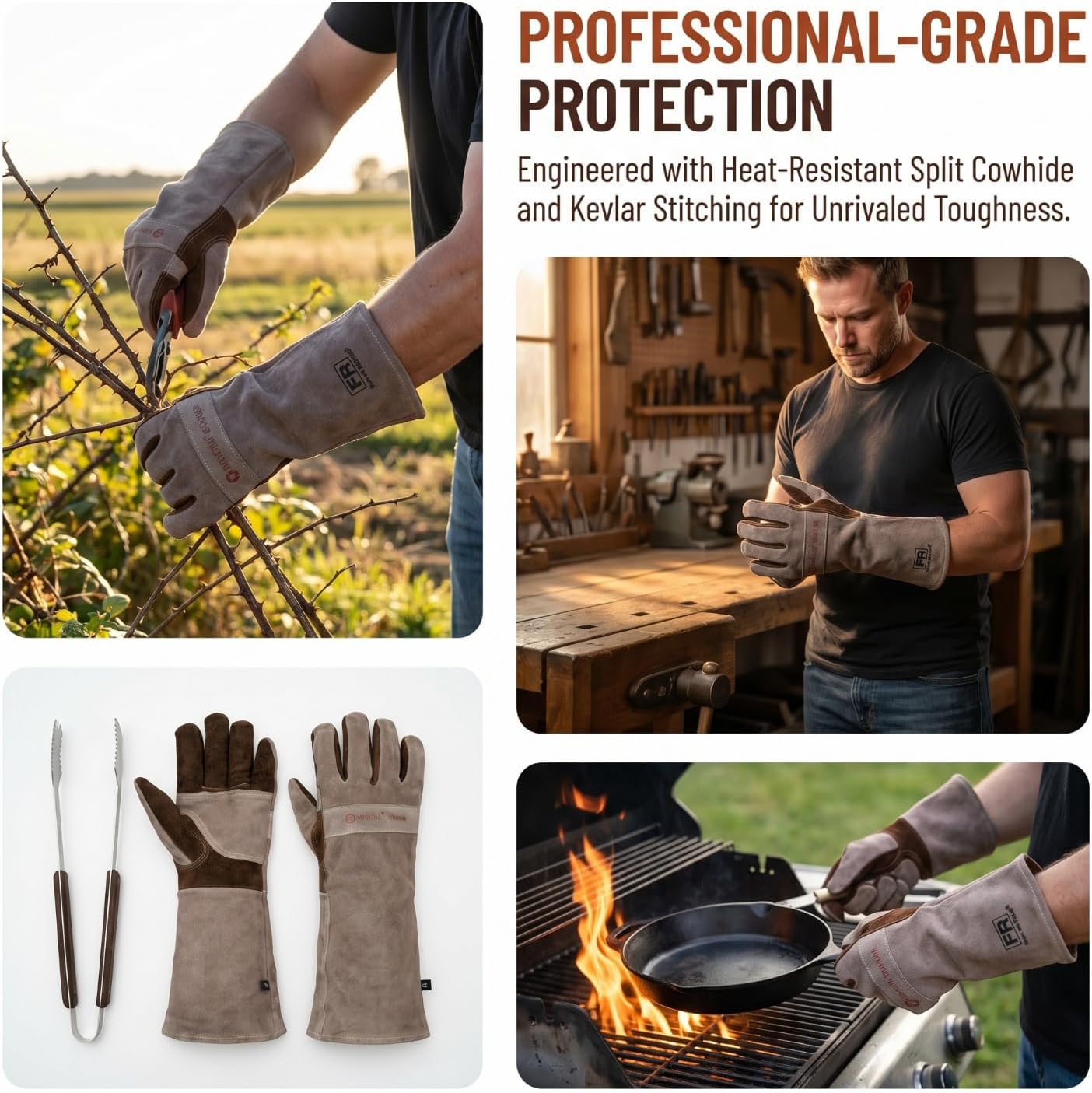 Leather Welding Gloves for Men,Long Sleeve Fireproof and Heat Resistant Mitts for Firefighting,Fireplace,Oven,Baking,BBQ,Stove,Pot Holder,Yard Work Thorn Proof (Brown Medium)