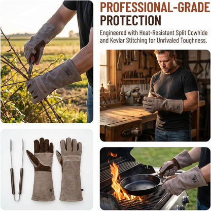 Leather Welding Gloves for Men,Long Sleeve Fireproof and Heat Resistant Mitts for Firefighting,Fireplace,Oven,Baking,BBQ,Stove,Pot Holder,Yard Work Thorn Proof (Brown Medium)