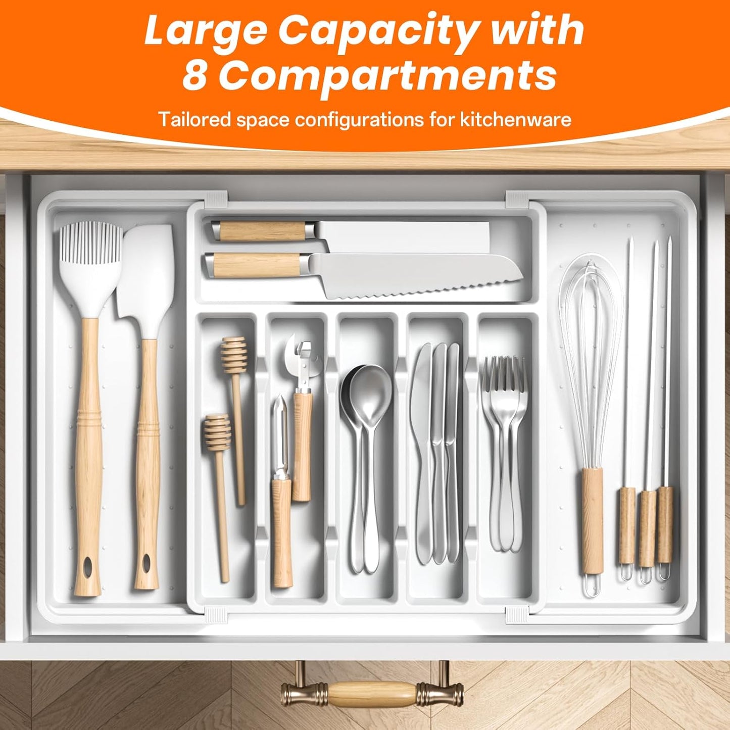 RoomHacks Large Silverware Organizer,Expandable Utensil Drawer Organizer,BPA Free Utensil Holder,Adjustable Silverware Tray Cutlery Drawer Organizer for Kitchen Flatware,Large,Black (6-8 Slots)