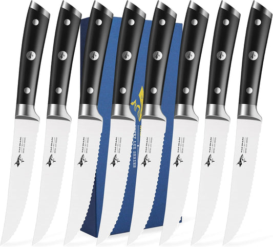 MAD SHARK Steak Knives Set of 6,Premium 12.6-inch Serrated Steak Knife Set,Ultra Sharp German High Carbon Stainless Steel Triple Rivet Collection 6-Piece Kitchen Steak Knife Set (STEAK KNIFE SET OF 6)