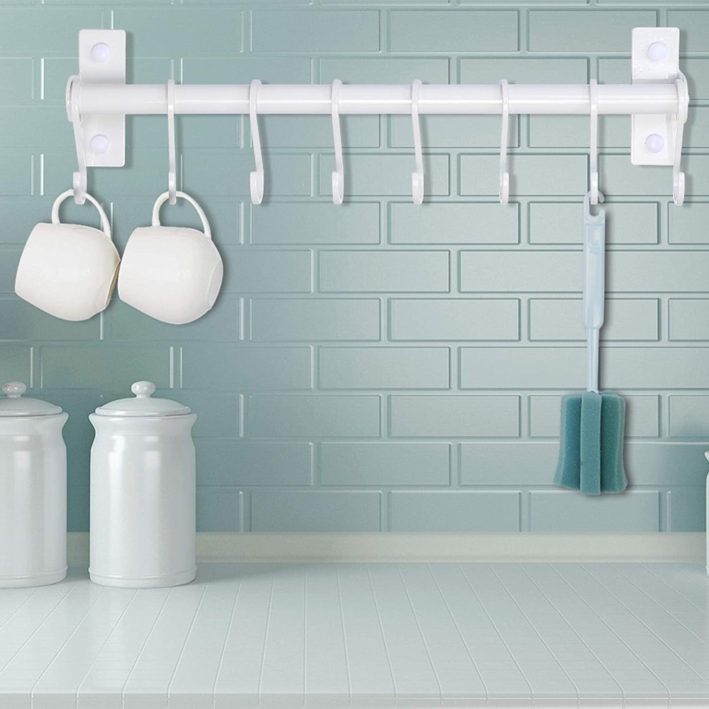 Dseap Kitchen Utensil Holder Hanger, Pot and Pan Rack Wall Mounted, Kitchen Rail with 8 Hooks for Hanging Cooking Utensils, Mugs, Spoons, Wall Mounted, Silver
