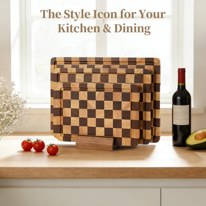 Checkered Cutting Board for Kitchen - Solid Wood End Grain Checkerboard Chopping Board with Handle & Juice Groove, Double Sided for Cooking, Serving and Decor, Rectangular 16" x 12" x 1"