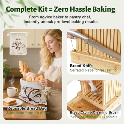 Bread Slicer for Homemade Bread, 5-Piece Bamboo Sourdough Bread Cutter Kit with Knife & Crumb Tray& Bread Bag, Manual Loaf Slicer Adjustable Bread Slicer Guide for Bagels, Sandwiches, Baking Tools