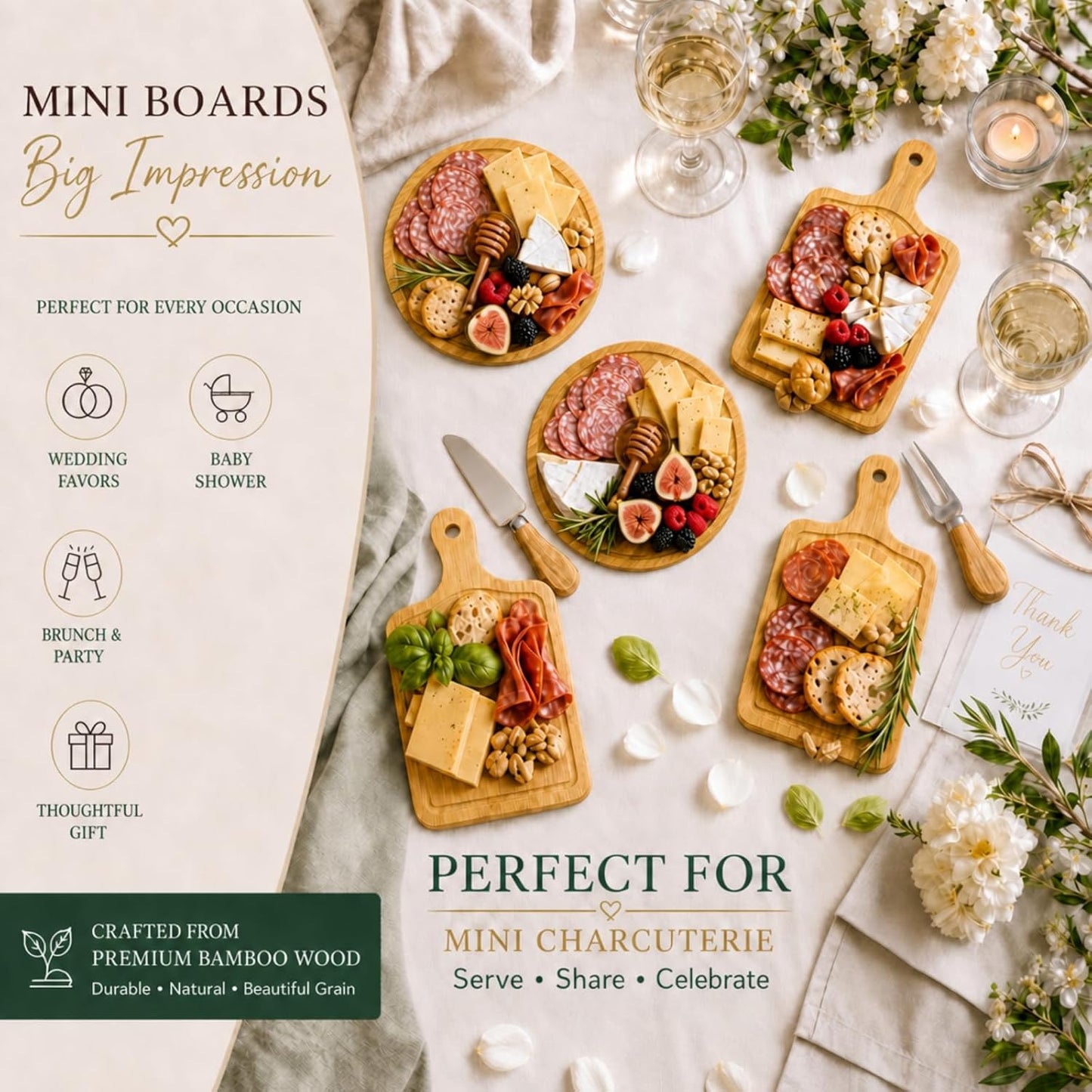 Maxcheck 18 Sets Baby Shower Bridal Game Prizes for Winners Round Cheese Board Set Wood Mini Charcuterie Board with Knives and Forks Thank You Card with Gift Box for Guests Wedding (Bamboo)