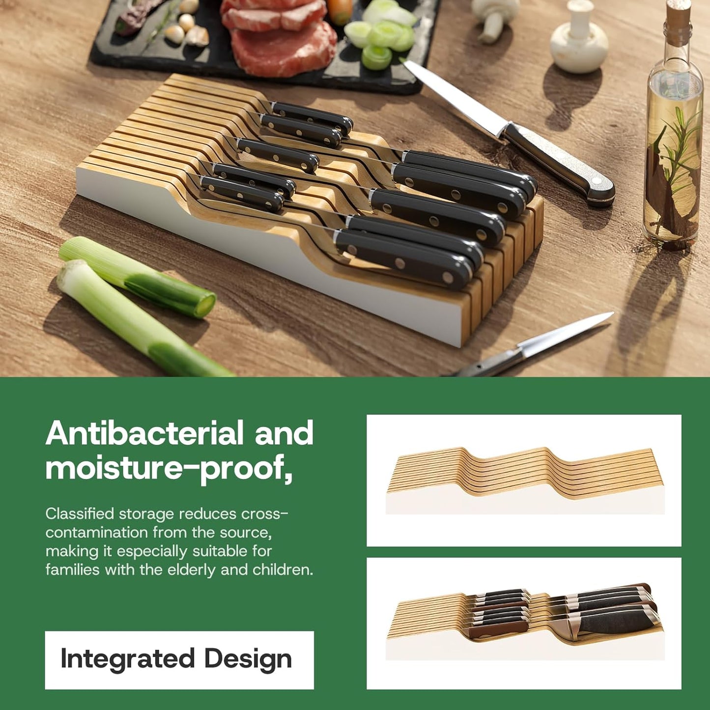 Knife Drawer Organizer Insert, Bamboo Wood Knife Holder, Knife Block Holds Up To 11 Knives