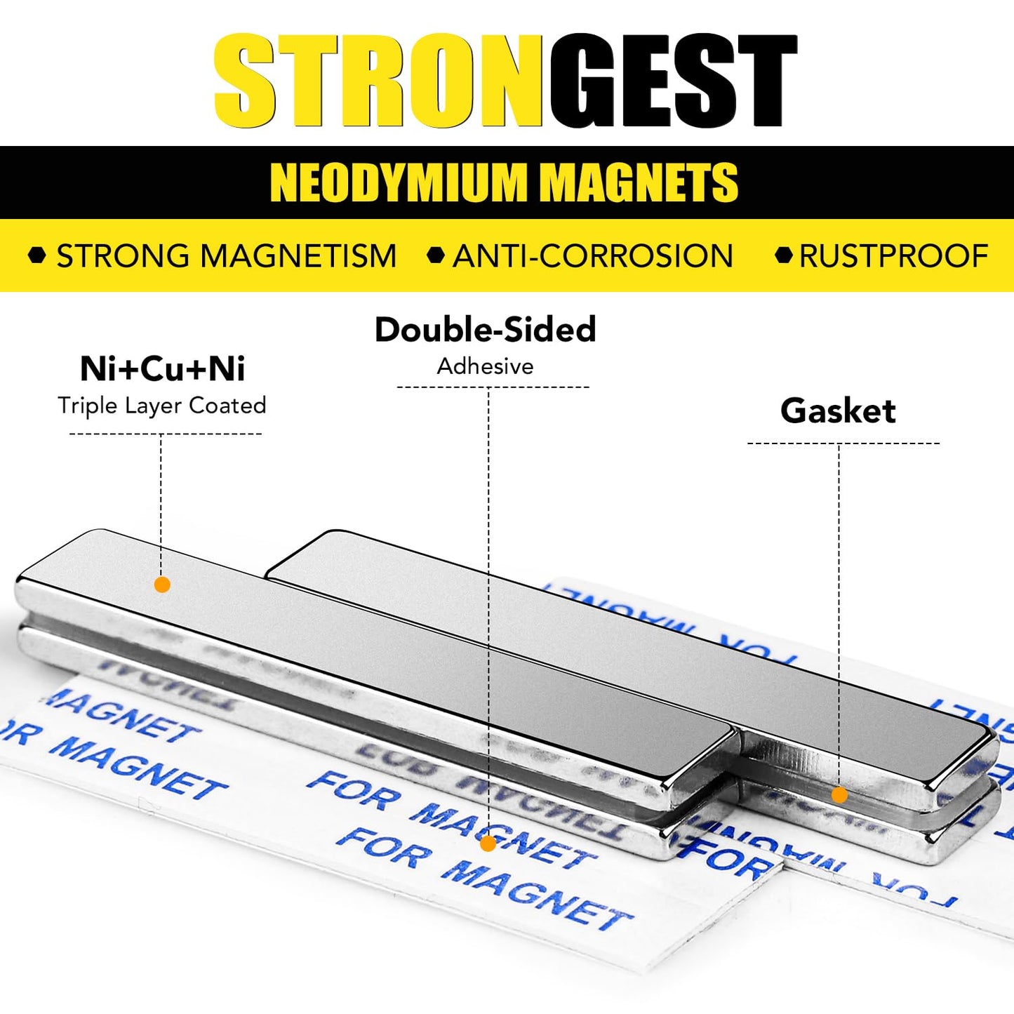 DIYMAG Neodymium Magnets, 8 Pack Strong Magnetic Bar with Double-Sided Adhensive Backing Heave Duty Rare Earth Magnet for Fridge, Classroom, Science and Craft - 2.36 x 0.39 x 0.12 in Silver
