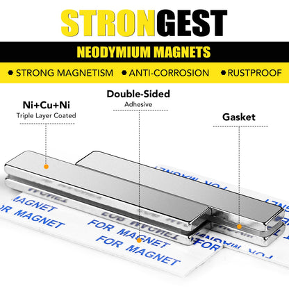DIYMAG Neodymium Magnets, 8 Pack Strong Magnetic Bar with Double-Sided Adhensive Backing Heave Duty Rare Earth Magnet for Fridge, Classroom, Science and Craft - 2.36 x 0.39 x 0.12 in Silver