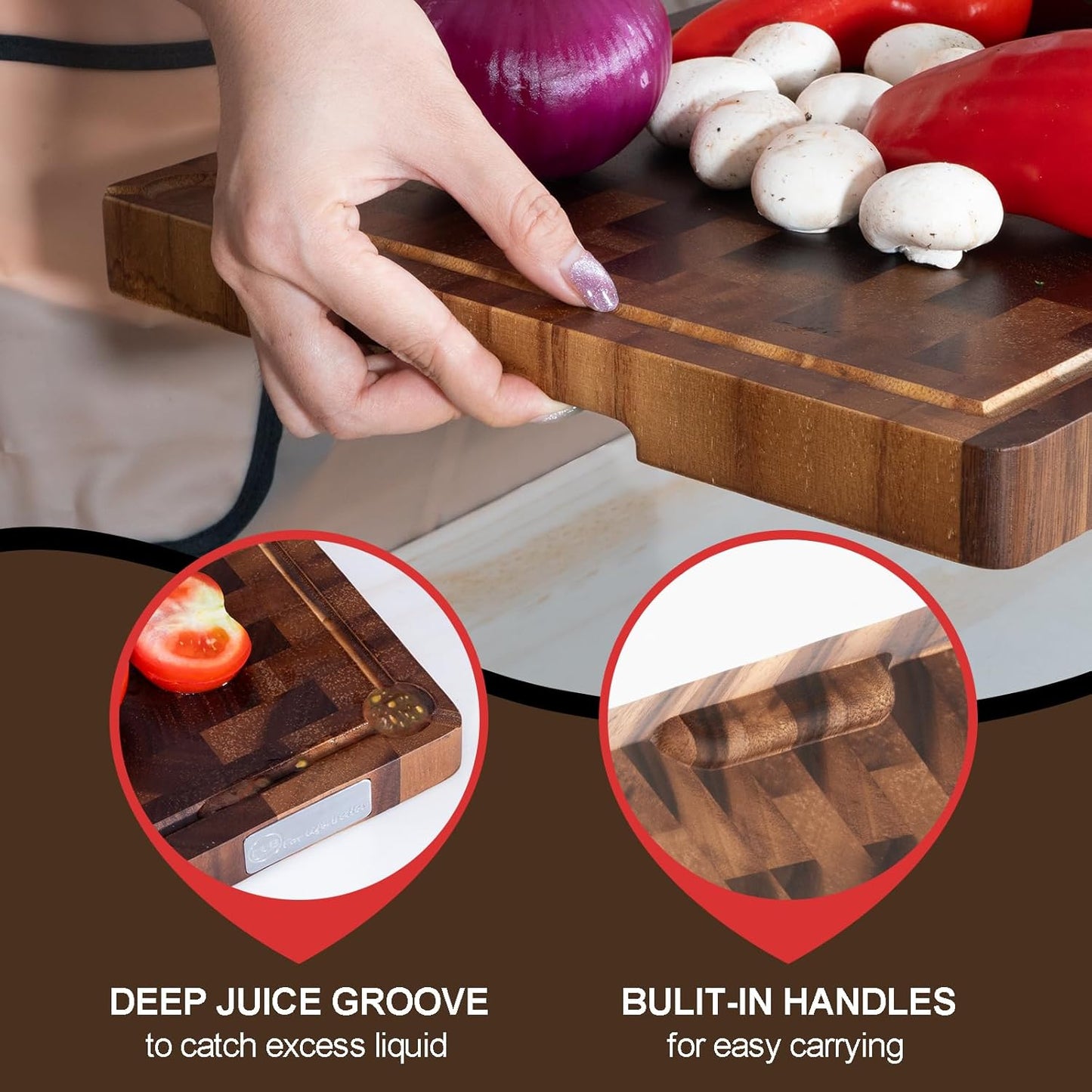Walnut Wood Cutting Board 17x13x1.2'', Butcher Block Wooden Cutting Boards for Kitchen, Premium Walnut Cutting Board with Juice Groove, End Grain Cutting Board with Built-in Handle
