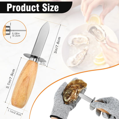 Oyster Shucking Knife Set, 2 Pack Stainless Steel Oyster Shucker Knife and 2 Pairs Level 5 Cut-Resistant Gloves, Seafood Shell Opener Kit for Oysters, Clams, Crabs,Seafood Boil Party Supplies