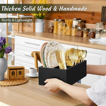 DRASTAR Utensil Holder, Wooden Silverware Caddy, Picnic Cutlery Organizer, Countertop Silverware Holder for Party, Pink