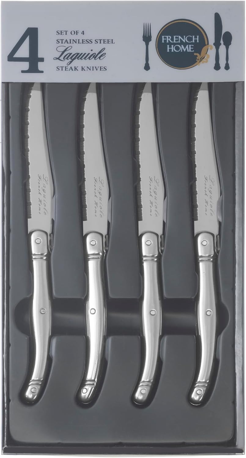 French Home Laguiole 4-Piece Steak Knife Set – Sophisticated Stainless Steel Dinner Knives with Navy Blue Handles & Iconic Bee Emblem – Serrated Knives for Smooth Cutting (9.25")