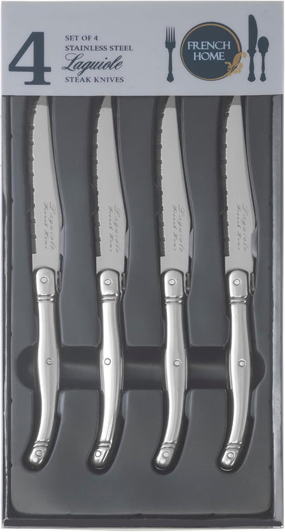 French Home Laguiole 4-Piece Steak Knife Set – Sophisticated Stainless Steel Dinner Knives with Navy Blue Handles & Iconic Bee Emblem – Serrated Knives for Smooth Cutting (9.25")