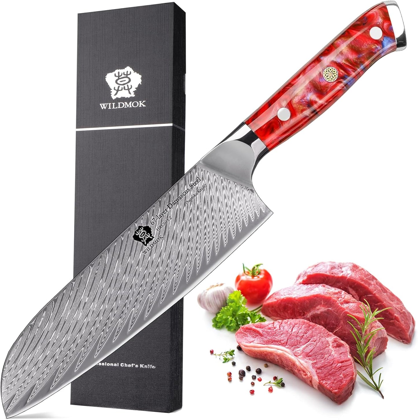 WILDMOK Santoku Knife 7 Inch kitchen knife, Ultra Sharp with Japanese Damascus Forged Santoku Knife, Ergonomic Resin Handle, cooking gifts with gift box