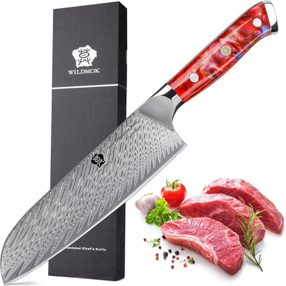 WILDMOK Santoku Knife 7 Inch kitchen knife, Ultra Sharp with Japanese Damascus Forged Santoku Knife, Ergonomic Resin Handle, cooking gifts with gift box