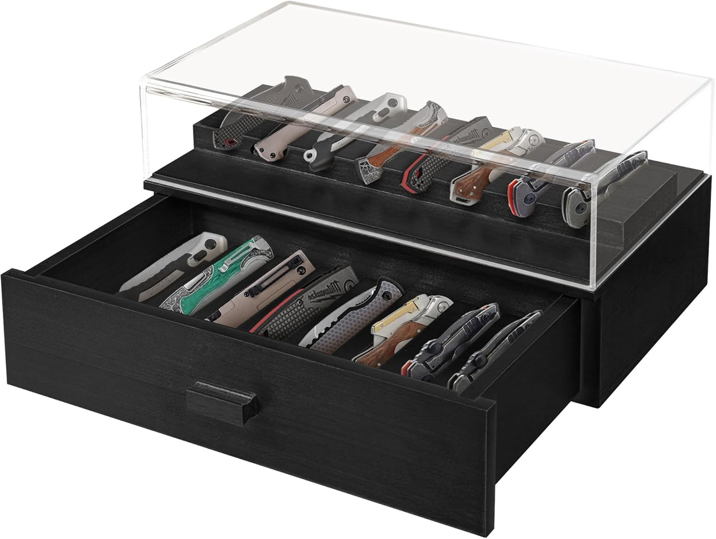 Knife Display Case,2 Tier Wooden Pocket Knife Collection Case with Acrylic Lid, Pocket Knife Storage Drawer Organizer, Walnut
