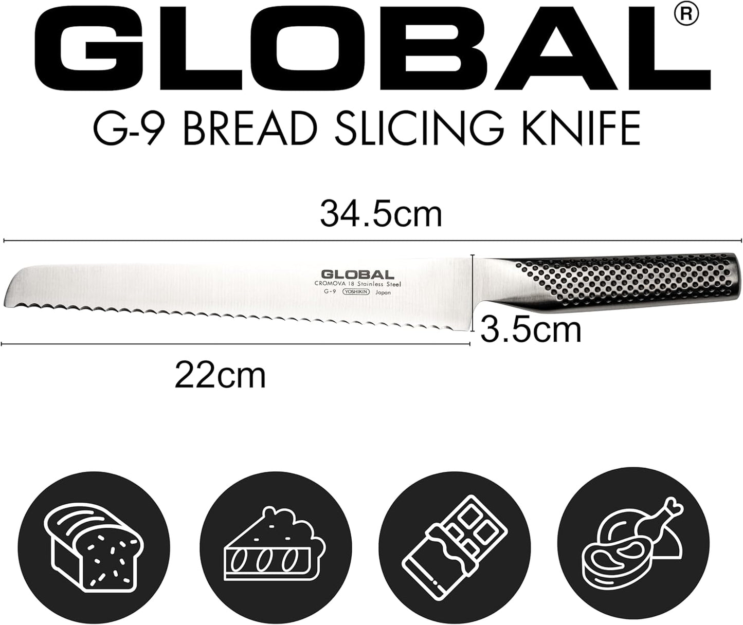 Global 8 1/2 inch Serrated Bread Knife - Lightweight Japanese Stainless Steel, Razor-Sharp Edge, Made in Japan, G-9