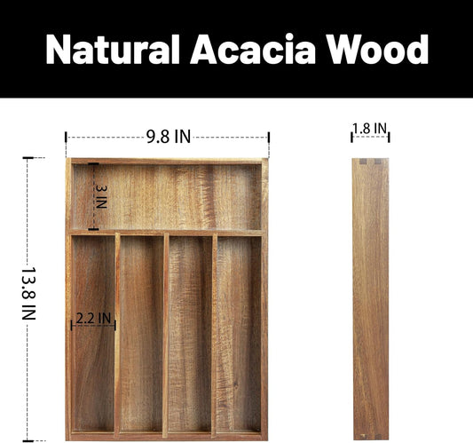 KITEISCAT Acacia Wood Silverware Organizer, Kitchen Utensil Drawer Organizer for Forks, Knives & Spoons, 6-Compartment Cutlery Tray, Flatware Holder