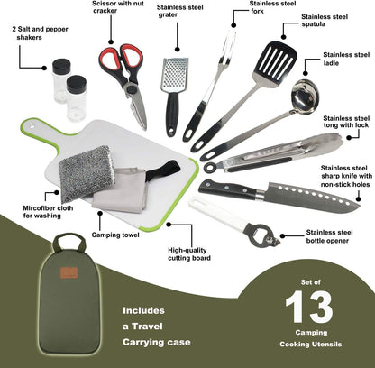 Camp Kitchen Utensil Organizer Travel Set Portable BBQ Camping Cookware Stainless Steel Utensils Travel Kit Outdoor Equipment Cutting Board Tongs Scissors Knife Ladle Spatula