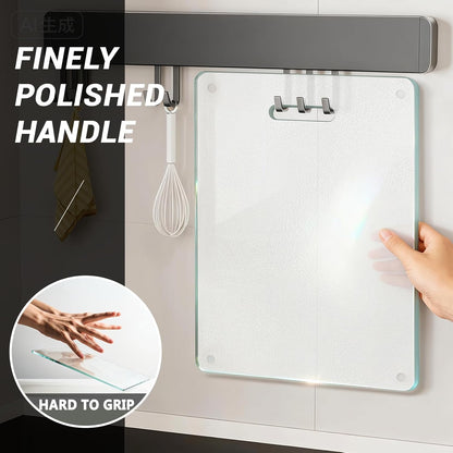 Tempered Glass Cutting Board for Kitchen, 2PCS Clear Chopping Board with Handle (16"x12" & 12"x8"), Plastic Free, Scratch Resistant, Heat Resistant, Dishwasher Safe, Non-toxic, Easy to Clean