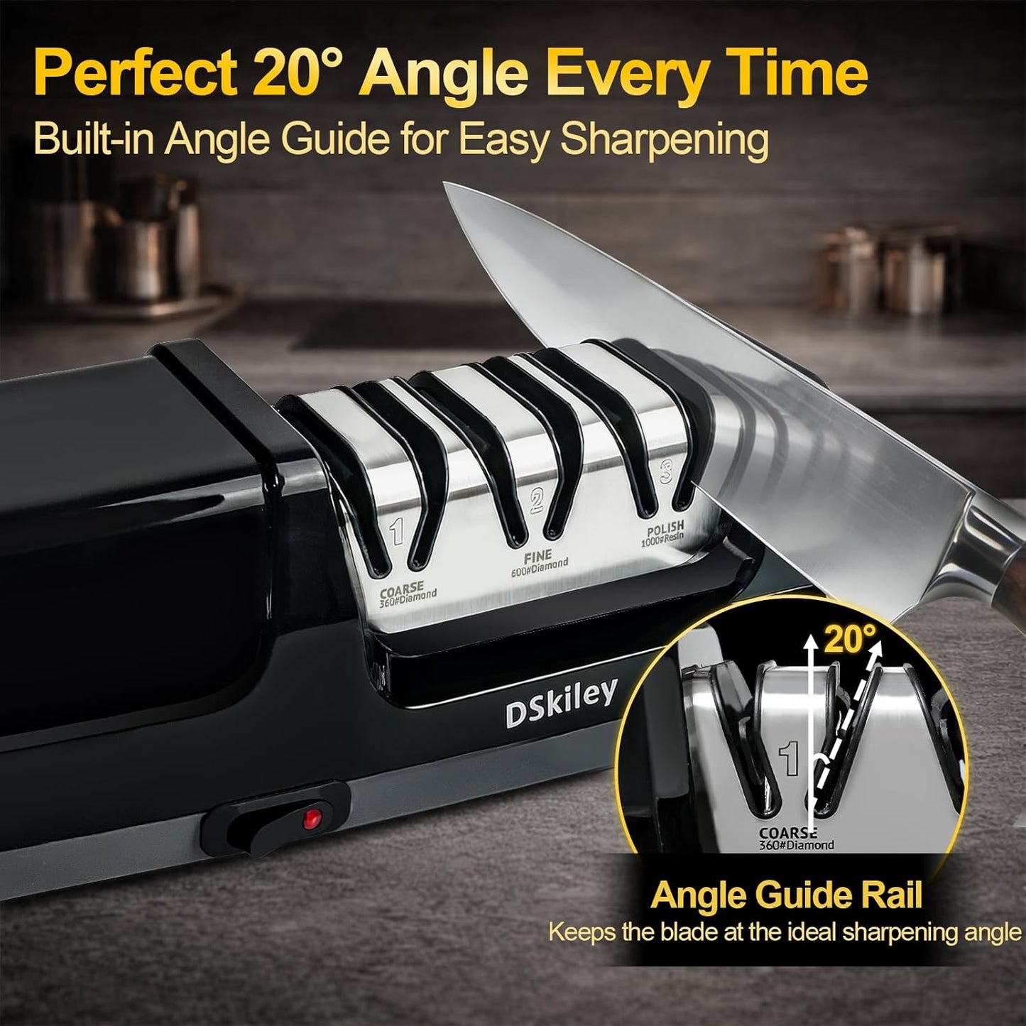 Electric Knife Sharpener for Kitchen – Professional 2-Stage 100% Diamond System with 20° Precision Angle, Fast Sharpening to Restore & Polish Chef Knives (2-Stage Silver)