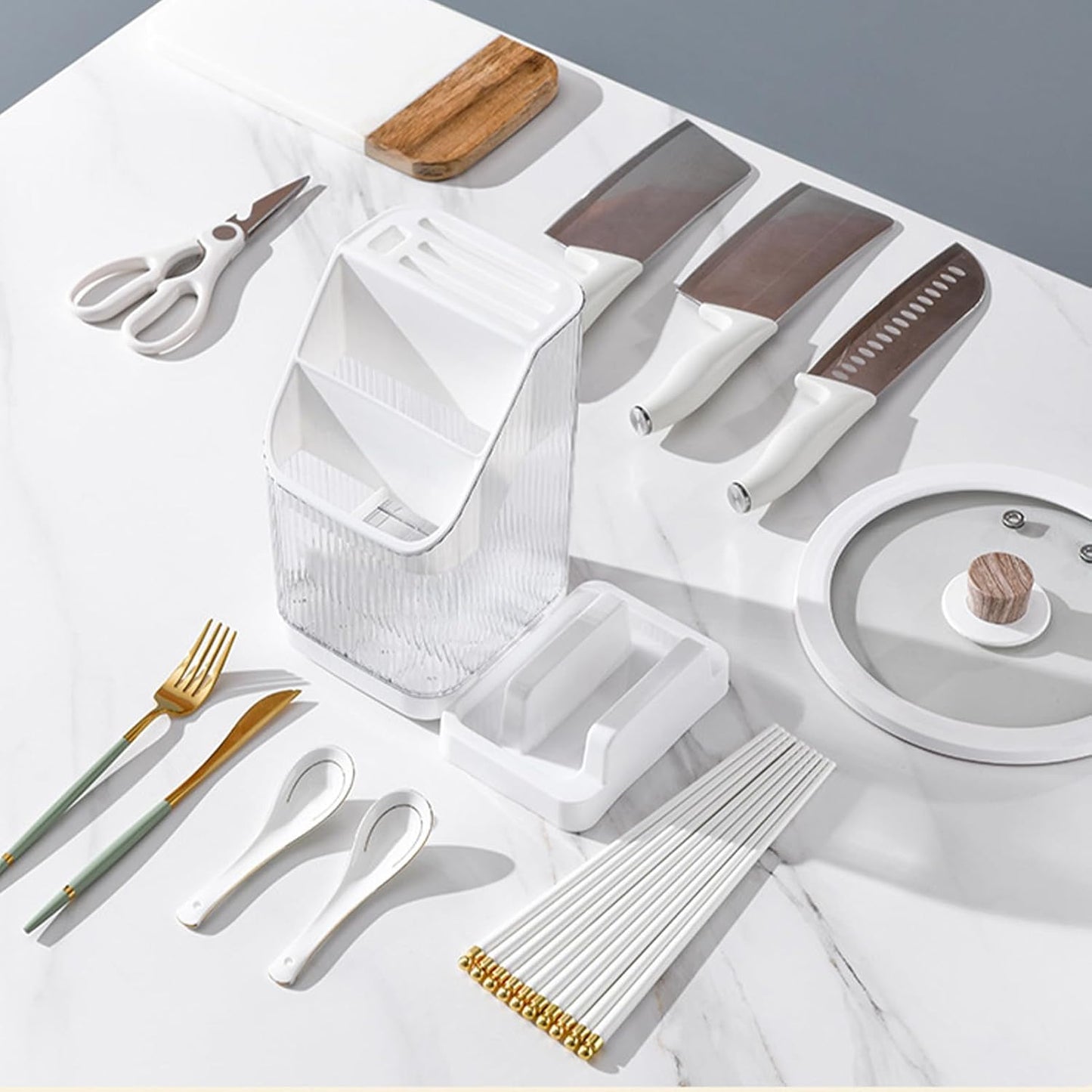 Kitchen Knife Holder,Universal Multifunctional Kitchen Storage Rack,Modern Fashionable Knife Utensil Organizer for Kitchen Countertop Cutting Board Pot Cover Chopsticks Fork(white)
