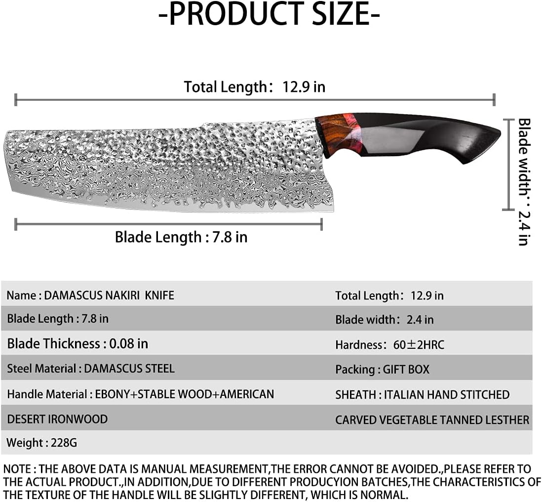 7.9in nakiri chef knife,handmade damascus steel blade ebony handle,japanese style kitchen vegetable knife with leather sheath,cutting cooking knives for kitchen