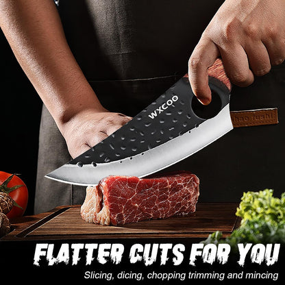 4PCS Hand Forged Kitchen Knife Set with Sheaths, High Carbon Steel Viking Butcher Knife Set, Serbian Chef Cleaver, Heavy Duty Boning Knife & Slicing Knife for Outdoor BBQ, Camping, Hunting