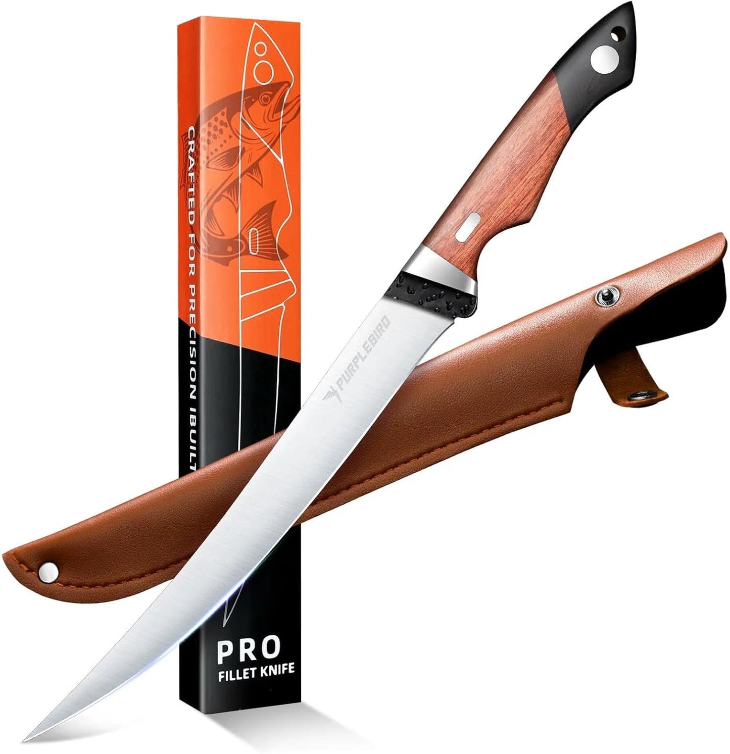 PURPLEBIRD Fillet Knife for Fish 9" with Sheath, 440C Stainless Steel Boning Knife for Meat Cutting with Wood Handle, Fish Fillet KnivesKitchen & Outdoor for Fishing, Hunting, BBQ, Christmas Gifts