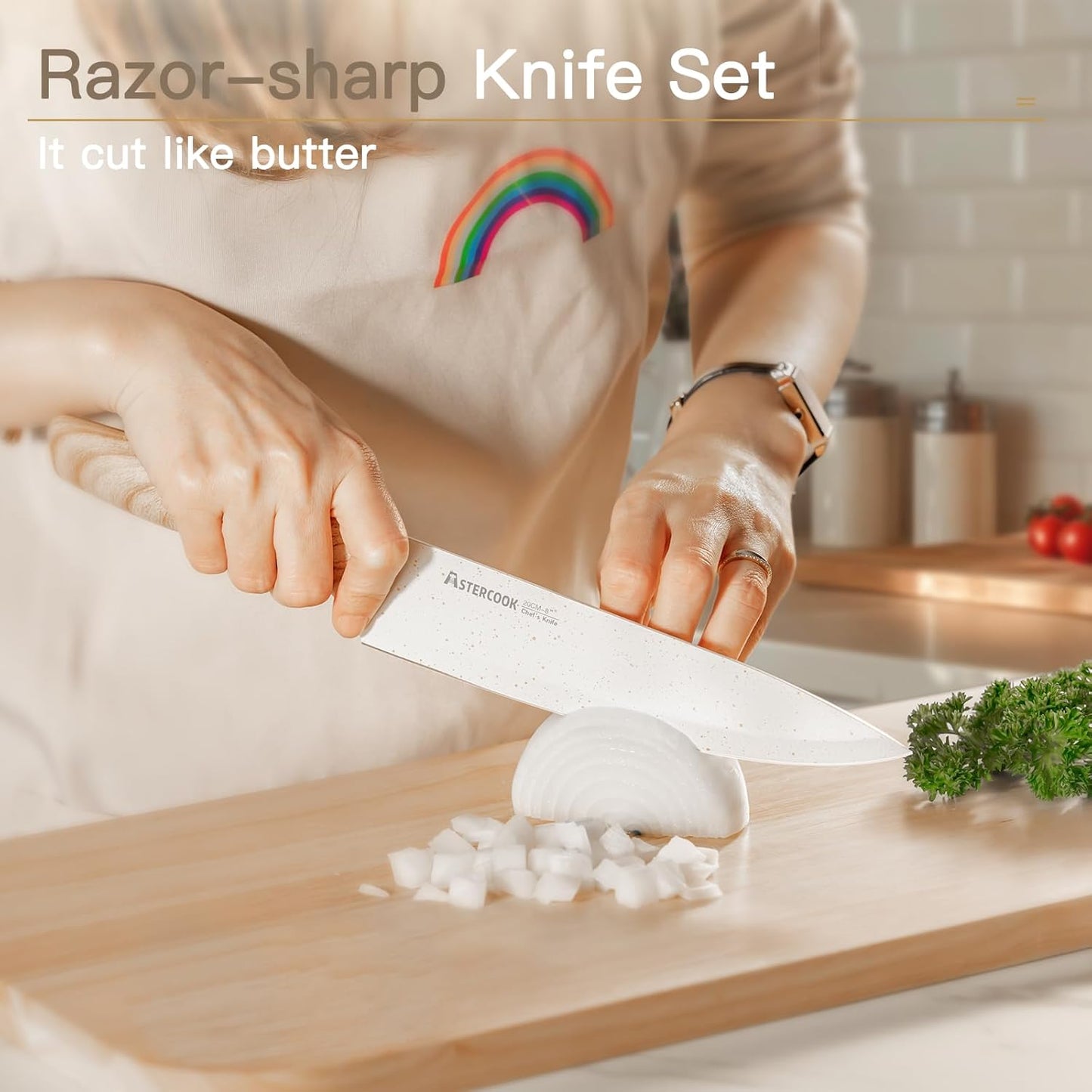 Astercook Knife Set, 13 Pieces Kitchen Knives Set with Ceramic Coating, Stainless Steel Chef Knife Sets with 6 Blade Guards, Dishwasher Safe Knives with Wooden Handle, White Mothers Day Gifts