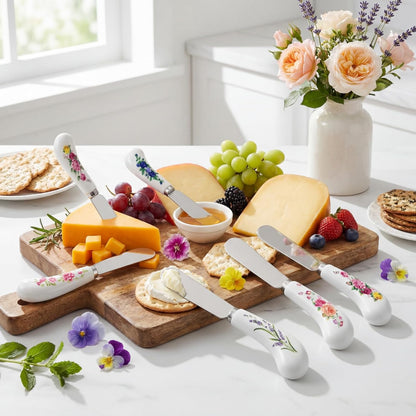 Floral Cheese Spreaders 4.95" Stainless Steel Butter Knife with Ceramic Handle for Jam, Pastry, Butter Knife - Holiday Silverware & Festive Kitchen Cutlery (Flowers)