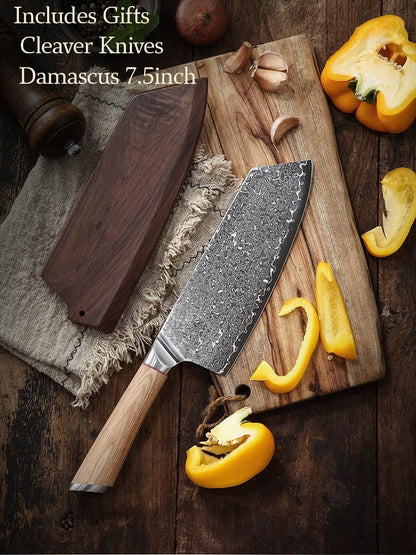 DONGSUN 8 Inch Damascus Chef Knife with North American Black Walnut Sheath, 67-Layer VG10 Forged Steel Japanese Gyuto, Professional Durable Sharpness