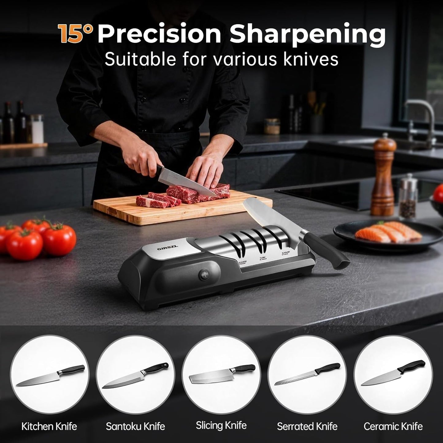 Kitchen Professional Electric Knife Sharpener: 3-Stage 100% Diamond Abrasives Knife Sharpeners with 15° Precision Angle Electric Steel Sharpening Tool to Restore/Polish Chef Knives