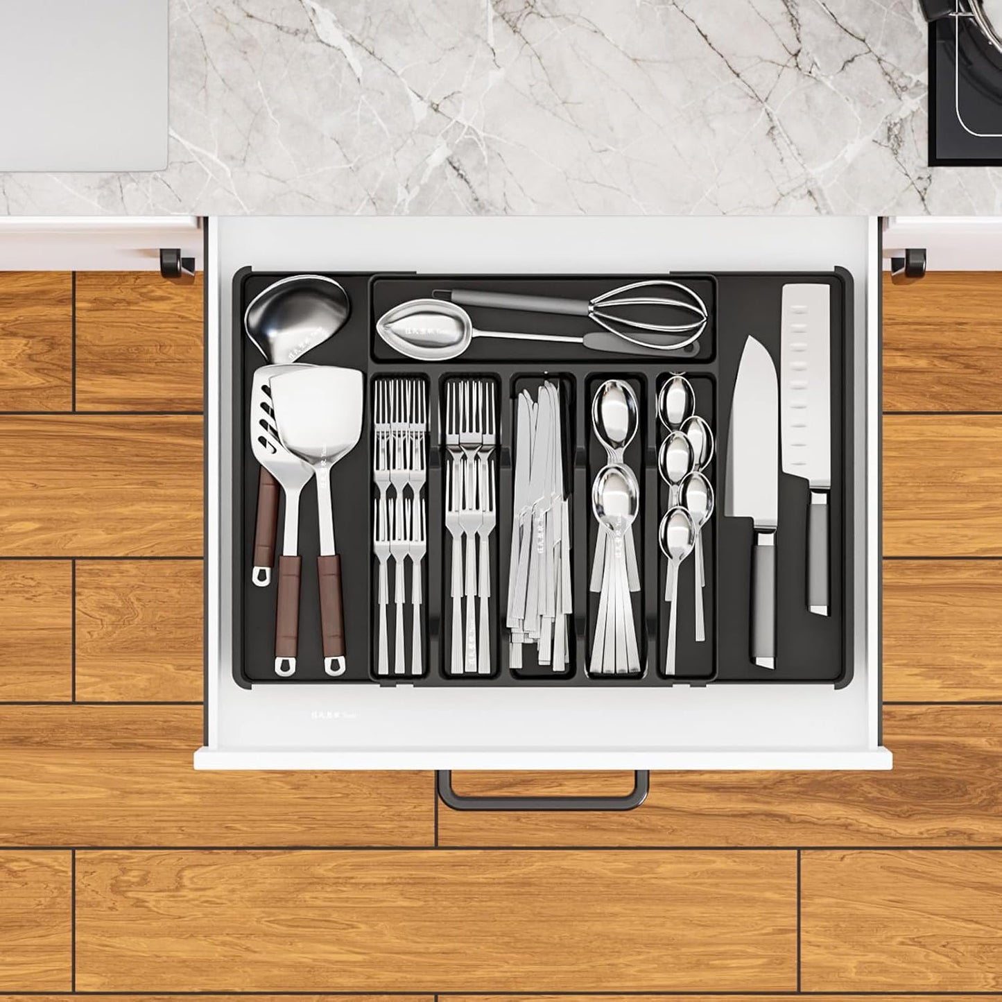 Yieach Black Expandable Silverware Drawer Organizer - Adjust From 11'' to 22'' - Knife,Cutlery,Spoons and Forks Organizer,Large 8 Grid Flatware,Silverware Tray,Utensil Organizer for Kitchen Drawers