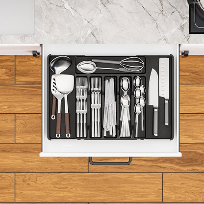Yieach Black Expandable Silverware Drawer Organizer - Adjust From 11'' to 22'' - Knife,Cutlery,Spoons and Forks Organizer,Large 8 Grid Flatware,Silverware Tray,Utensil Organizer for Kitchen Drawers