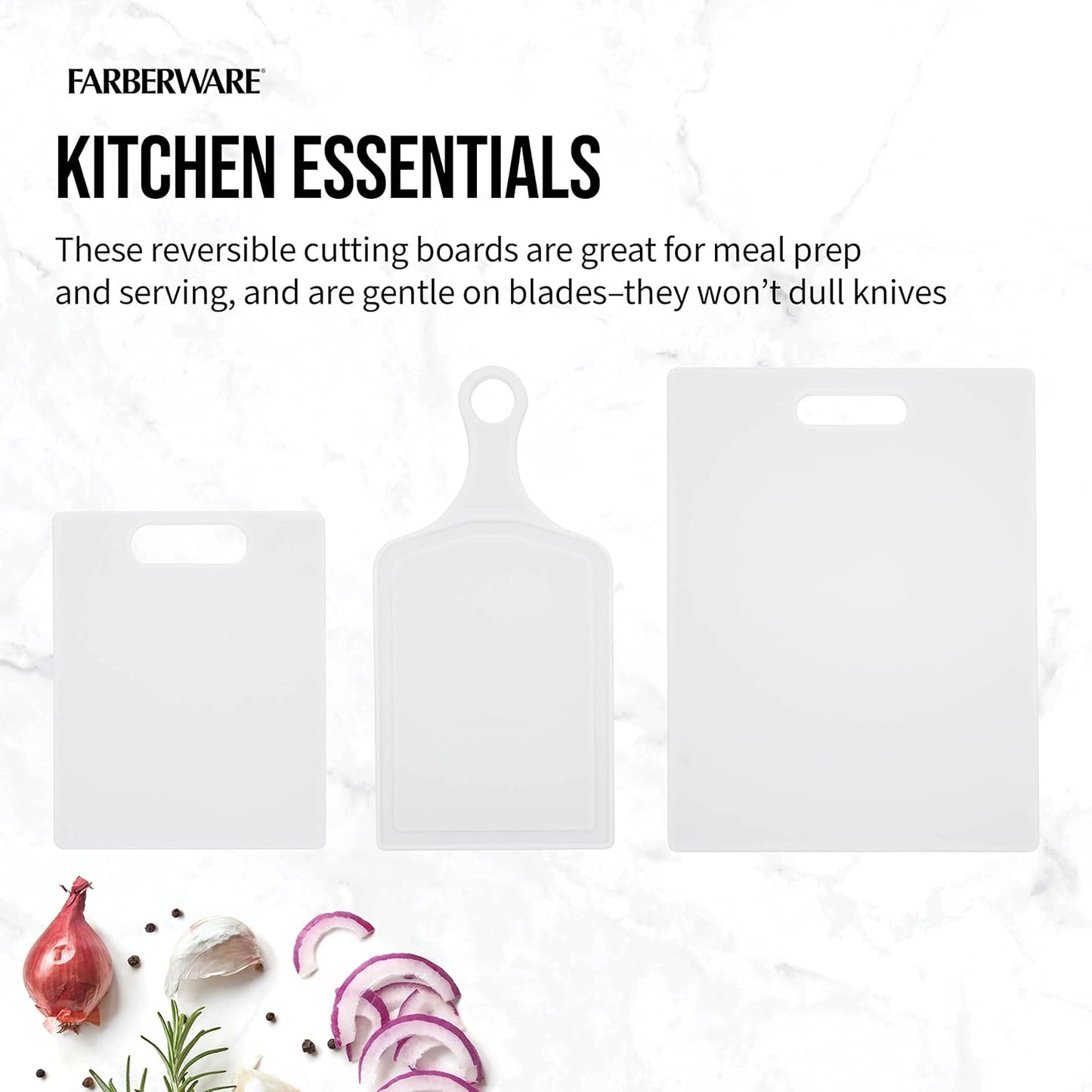 Farberware 3-Piece Plastic Cutting Board Set, Dishwasher-Safe Poly Chopping Board for Kitchen with Paddle, Charcuterie Board Set, White