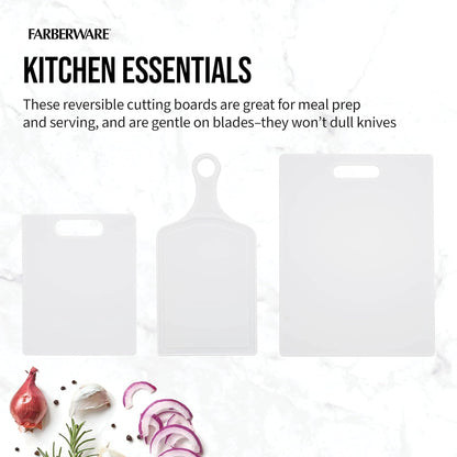 Farberware 3-Piece Plastic Cutting Board Set, Dishwasher-Safe Poly Chopping Board for Kitchen with Paddle, Charcuterie Board Set, White