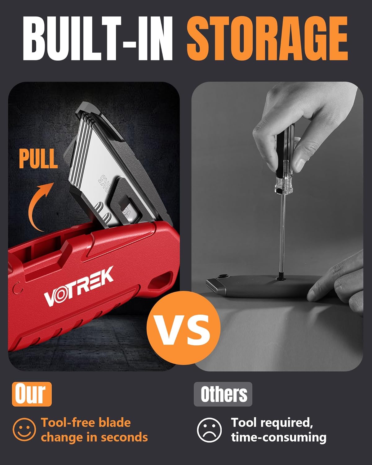 VOTREK® Box Cutter Retractable| Metal Utility Knife Set【Built-In Storage】 Tool-Free Quick Blade Change| Safety Lock| Extra 10 Sharp SK5 Blades| 2-Pack Heavy Duty Razor Knife for Cardboard & Plastic