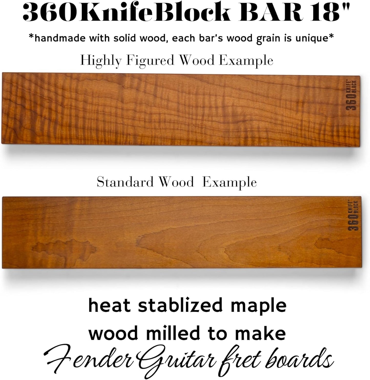 360KnifeBlock magnetic knife BAR - Guitar Wood - 2 Rows of Magnets, 'magic floating backer' w/level system, 2"screws - handmade in Washington (Guitar wood, 18" wide)