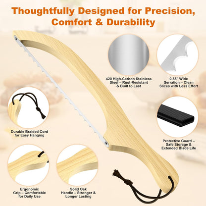 Bread Knife for Homemade Bread – 16" Walnut Bow Bread Cutter with Ultra-Sharp Serrated Stainless Steel Blade, Sourdough Bread Knife for Bagels, Baguettes, and Rustic Loaves - Walnut Color