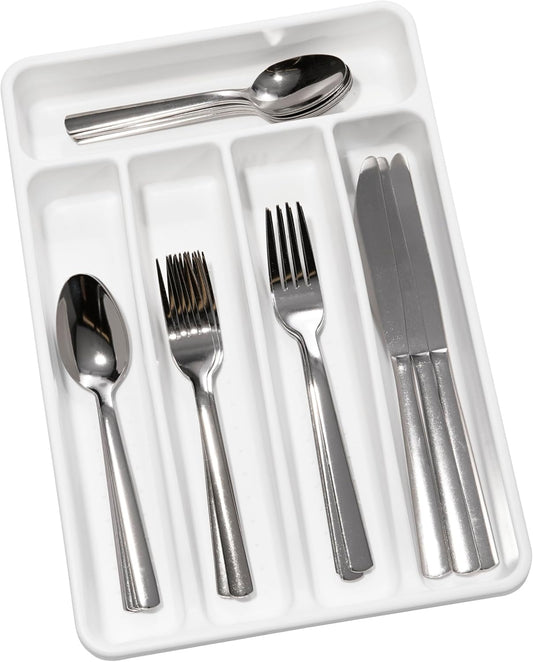 madesmart Expanding Silverware Tray, 5 Compartment Flatware Organizer for Forks, Knives & Spoons, Durable Drawer Organizer, White
