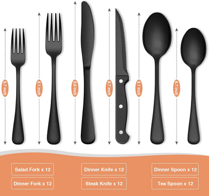 Black Silverware Set, Umite Chef 49-Piece Flatware Set with Drawer Organizer, Durable Stainless Steel Cutlery Set for 8, Tableware Eating Utensils with Steak Knives for Home Restaurant