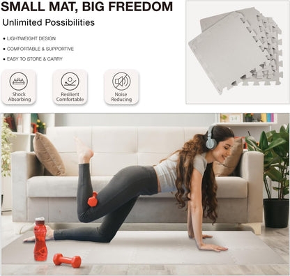AIRHOP 18 Tiles Gym Floor Mat, EVA Foam Puzzle Gym Mat, High-Density Interlocking Foam Floor Tiles for Home Gym, Play Workout Garage Kitchen Flooring